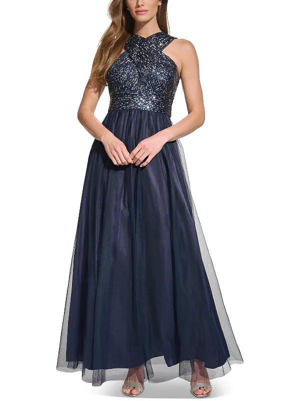 Womens Sequined Tulle Evening Dress