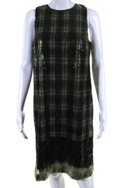 Worth New York Womens Sequin Plaid Sleeveless Shift Dress Green