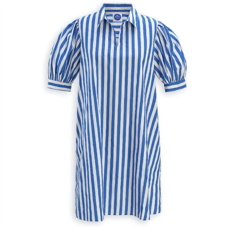 Puff Sleeve Shirt Dress In Royal Stripe